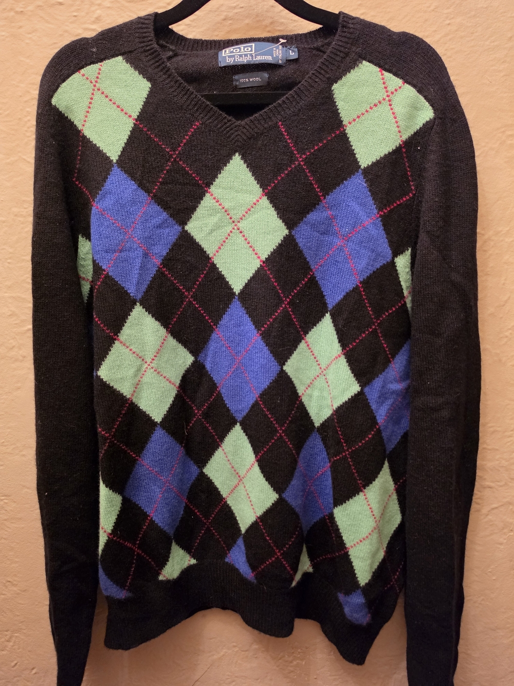 Polo Ralph Lauren 100% Wool Argyle V-Neck Sweater Size L